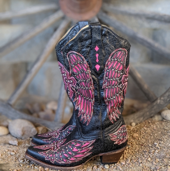 CORRAL A1049 pink/black Wing & cross snip toe blingy cowgirl western boots sz 6 - Picture 4 of 16